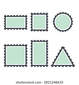 Collection of empty postage stamps in varied geometric shapes like square, rectangle, round, and triangle. Ideal for philatelic designs and creative projects.