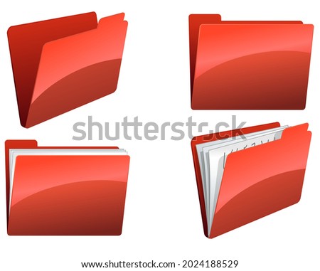 collection of empty red folder or with papers inside, open and closed