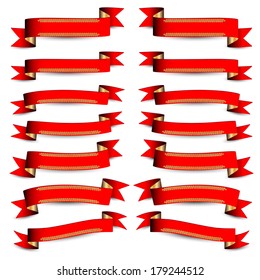 Collection of the empty red ribbons with gold branches