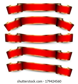 Collection of the empty red ribbons with gold stripes on the white background