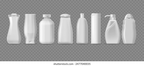 Collection Of Empty Shampoo Bottles In Different Shapes And Sizes. Realistic 3d Vector White Bottles Mockup In A Row