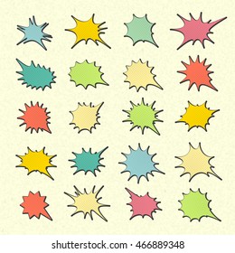 Collection of empty templates colorful speech bubbles in pop art style. Elements of design comic books. Set of thought or communication bubbles, explosion. Vector illustration