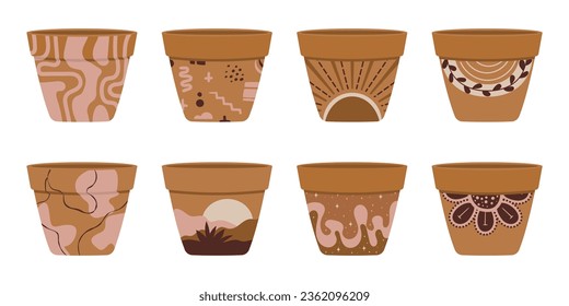 Colección de macetas vacías de flores de terracota para plantas de la casa. Bodega de cerámica decorada al estilo Memphis pintado a mano. Ilustración vectorial plana