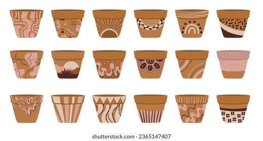 Collection of empty terracotta flower pots for house plants. Ceramic pot decorated with hand-painted Memphis style. Flat vector illustration