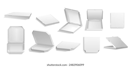 Collection Of Empty White Pizza Boxes Shown In Multiple Different Angles And Positions. Realistic 3d Vector Mockups