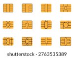 Collection of EMV golden chips smart cards. Square computer microchips for credit debit cards. Varying chip layouts is displayed high quality professional detailed modern elegant. Vector illustration.