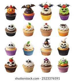 Collection of enchanting Halloween-themed cupcakes with witch hats