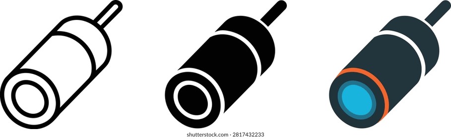 A collection of endoscope camera icons. These medical imaging devices are shown in various styles including line, solid, and flat color formats for clinical use.
