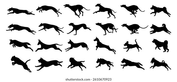 Collection of Energetic Running Dog Silhouettes Isolated on White Background