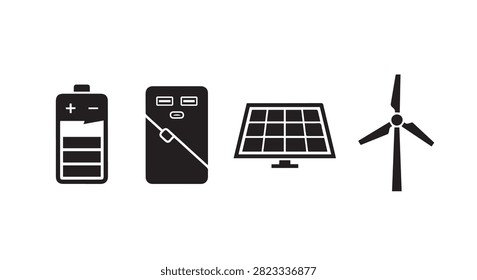 Collection of energy devices including batteries, solar panels, and wind turbines showcasing renewable energy technology.