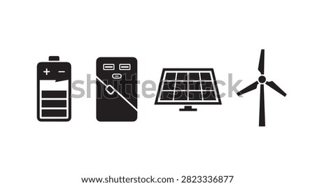 Collection of energy devices including batteries, solar panels, and wind turbines showcasing renewable energy technology.