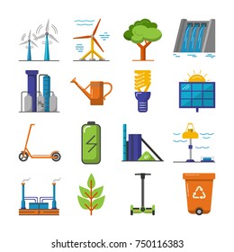 Collection of energy and ecology icons in flat style. Renewable energy sources, ecology transport and objects in colorful symbols isolated on white background.
