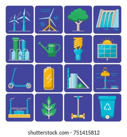 Collection of energy and ecology icons in flat style. Renewable energy sources, ecology transport and objects - colorful symbols in square frames.