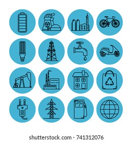 Collection of energy and ecology icons in thin line style. Energy sources, ecology transport and objects in linear symbols.