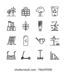 Collection of energy and ecology icons in thin line style. Renewable energy sources, ecology transport and objects in linear symbols isolated on white background.