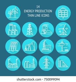 Collection of energy and ecology round icons in thin line style. Renewable energy sources, industrial objects in linear symbols with long shadow.
