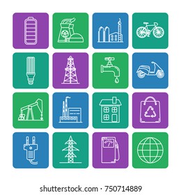 Collection of energy and ecology square icons in thin line style. Energy sources, ecology transport and objects in linear symbols.