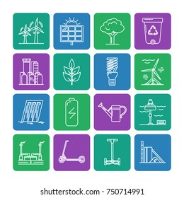 Collection of energy and ecology square icons in thin line style. Renewable energy sources, ecology transport and objects in linear symbols.
