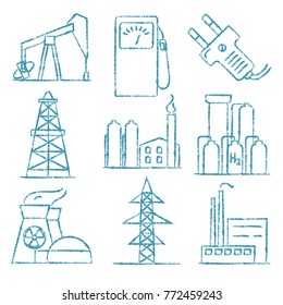 Collection of energy and electricity hand drawn style icons.