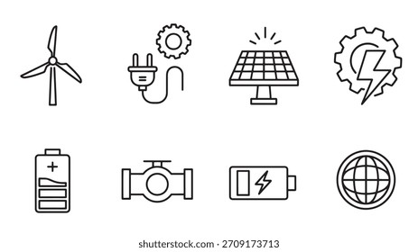 Collection of energy icons. Includes windmill, plug, solar panel, gear, battery, valve, charge and globe. Green power, electricity and sustainable.