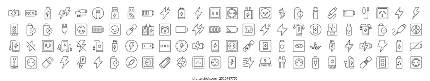 Collection of Energy Related Line Icons. Editable Stroke for Design, Web Sites, Apps, Cards. Contains Linear Images of Battery, USB Cable, Charger, Outlet