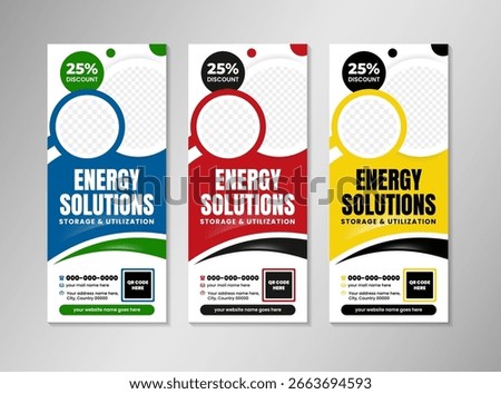 collection of energy solutions storage and utilization roll up banner template design. go green save energy leaflet template. solar energy poster template with space for photo. vertical layout