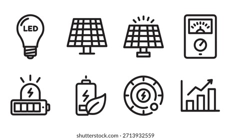 Colección de iconos de vectores de fuentes de energía: bombilla led, panel solar, batería, medidor de electricidad. Energía renovable, sostenible y tecnología de energía verde