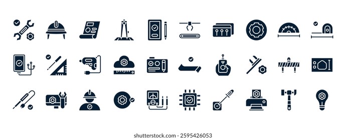 Collection of Engineering Icons Depicting Tools, Technology, and Design Elements in a Simple Modern Style with a Dark Background
