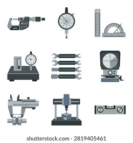 A collection of engineering measuring instruments including micrometers, calipers, dial indicators, and level gauges for industrial inspection.