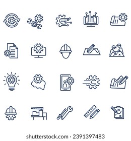 Collection of Engineering Related Vector Line Icons. Contains Icons such as Engineer, Manufacturing, Production, technology