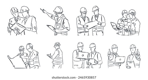 Collection of Engineers constraction working together with tools, hand drawn line drawing vector illustration