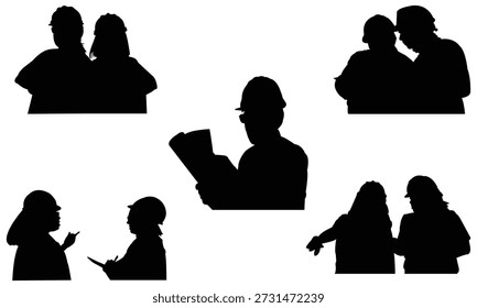 Colección De Ingenieros, Trabajadores De La Construcción Siluetas En Diferentes poses.
