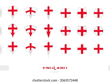 Collection of the England flag in different shapes and with three different effects. Vector flag set.
