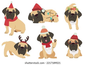 The collection of English Mastiff in many actions for Christmas theme. Graphic resource about bulldog for graphic, content, etc.