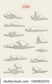 Collection of engraved style clouds. Hand drawn vector illustration, sketch