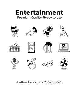 Collection of entertainment icons in modern design style