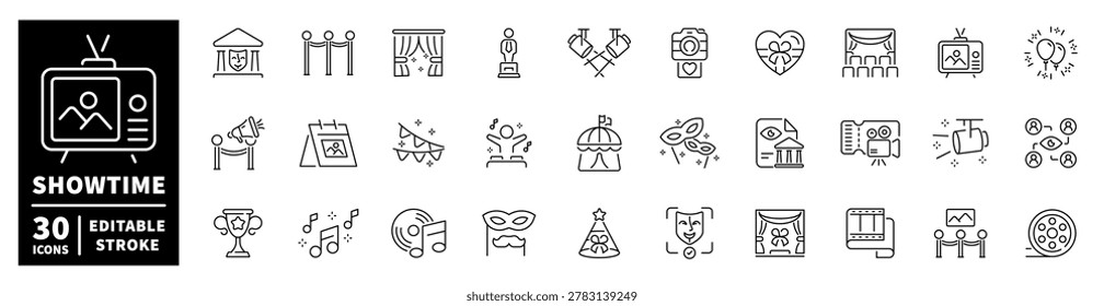 Collection of entertainment and performance icons for showtime events