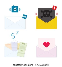 Collection of envelope icons, new incoming email, spam, receipt, greeting card. Mailing list, email service concept. Vector illustration.