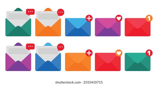 Collection of envelope icons in various colors.	