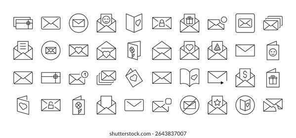 Coleção de Ícones de Linha Relacionados a Envelope, Mail, Post. Outline Signs para Gráficos e Web Design, Apps, Anúncios, Vários Cartões 