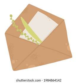 Collection envelope with mail, postmark and postcard vector flat, cartoon illustration. Various craft paper letters, stationery, sealing wax and handmade card isolated on white.