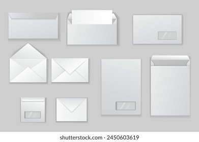 A collection of envelope mockups in realistic 3d design. Black and white image with envelopes for letters, papers, documents and more on a gray background. Vector illustration.