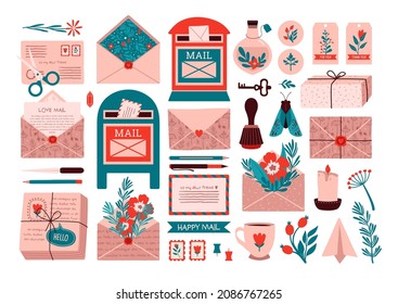 Collection envelopes with mail, mailboxes,  postmarks, sealing wax, cards, key, plants, post office. Decorative elements in flat style. Hand drawn romantic vintage collection with isolated elements.