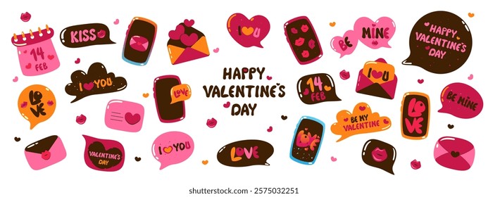 Collection of envelopes, telephones, speech bubbles for Valentine's Day. Handwritten declaration of love. Vector illustration.