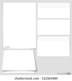 Collection of envelopes and white A4 papers, ready for your message. Vector illustration.