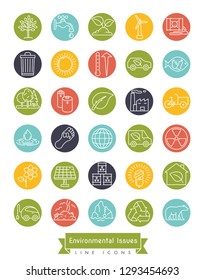 Collection Of Environment And Climate Related Vector Line Icons In Colored Circles. Sustainability, Global Warming And Polution Symbols.