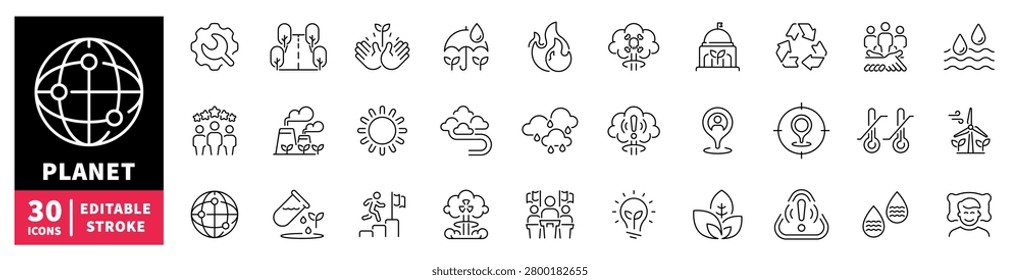Collection of environmental and ecological icons representing global challenges and solutions