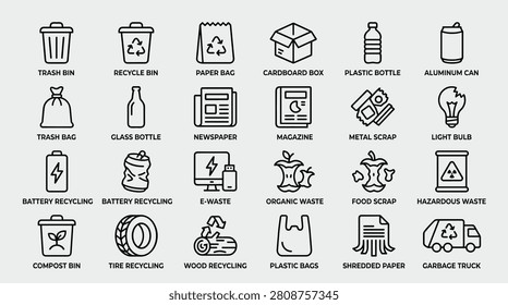Collection of environmental friendly recycling icons representing various refuse types including glass bottle newspaper magazine metal scrap battery recycling ewaste organic waste food scrap hazardous waste tire recycling wood recycling plastic bags shredded paper garbage truck design elements.