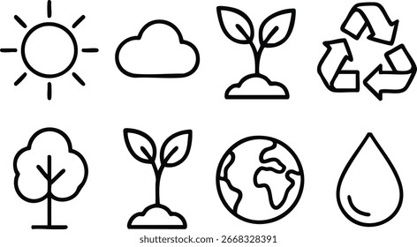 A Collection Of Environmental Icons, Featuring Sun, Cloud, Plant, Recycling, Tree, Earth, And Water Drop, Are Used To Illustrate Eco Friendly Concepts And Sustainable Practices.