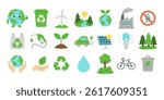 A collection of environmental icons including a smiling earth, a tree, a car, a bicycle, a gas pump, a solar panel, and a trash can